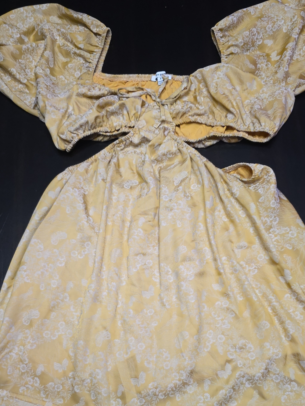 Yellow Floral Cutout Puff-Sleeve Mini Dress by Unknown Brand
